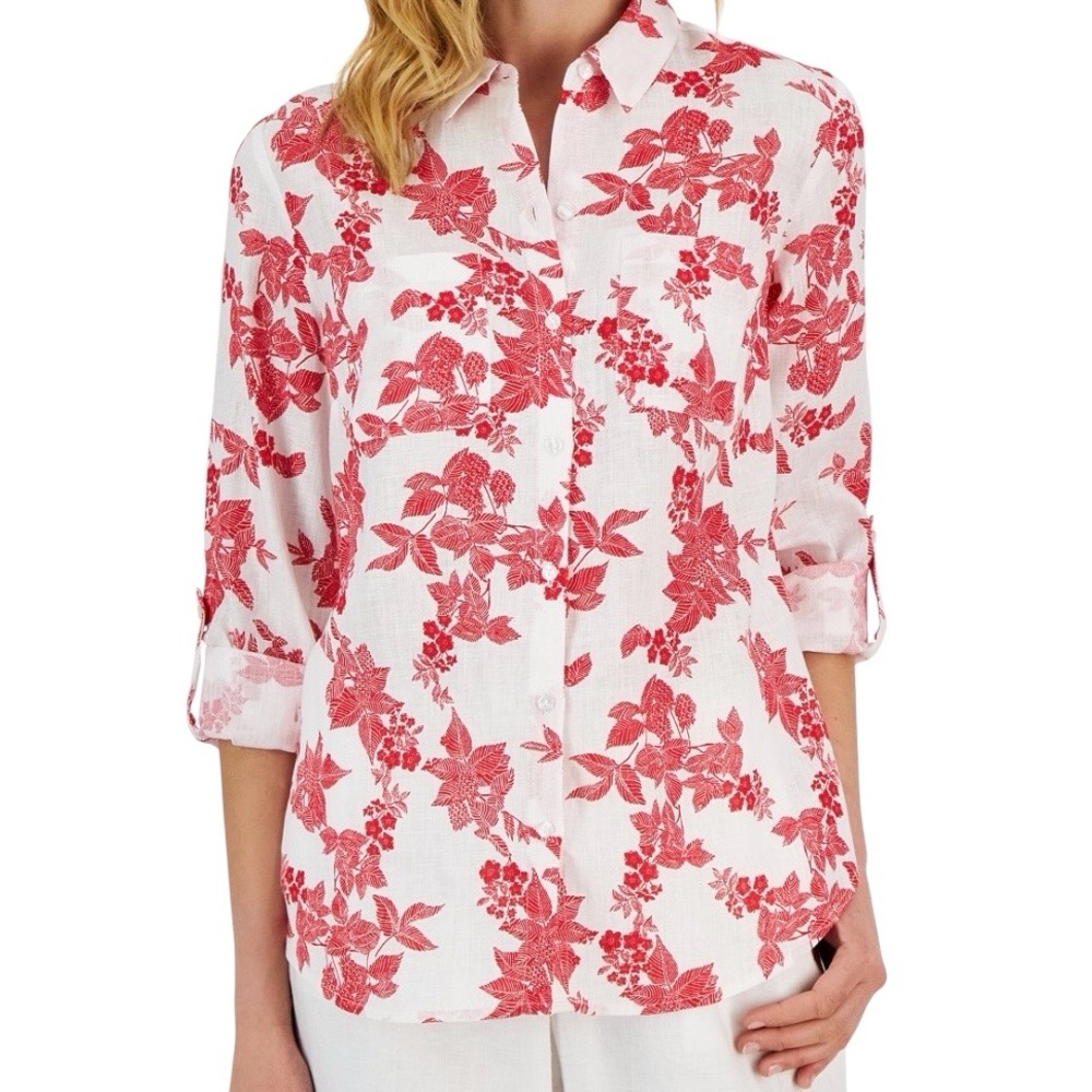 Charter Club Linen Luxury Button Front Shirt Womens XL Roll-Tab Relaxed Beachy